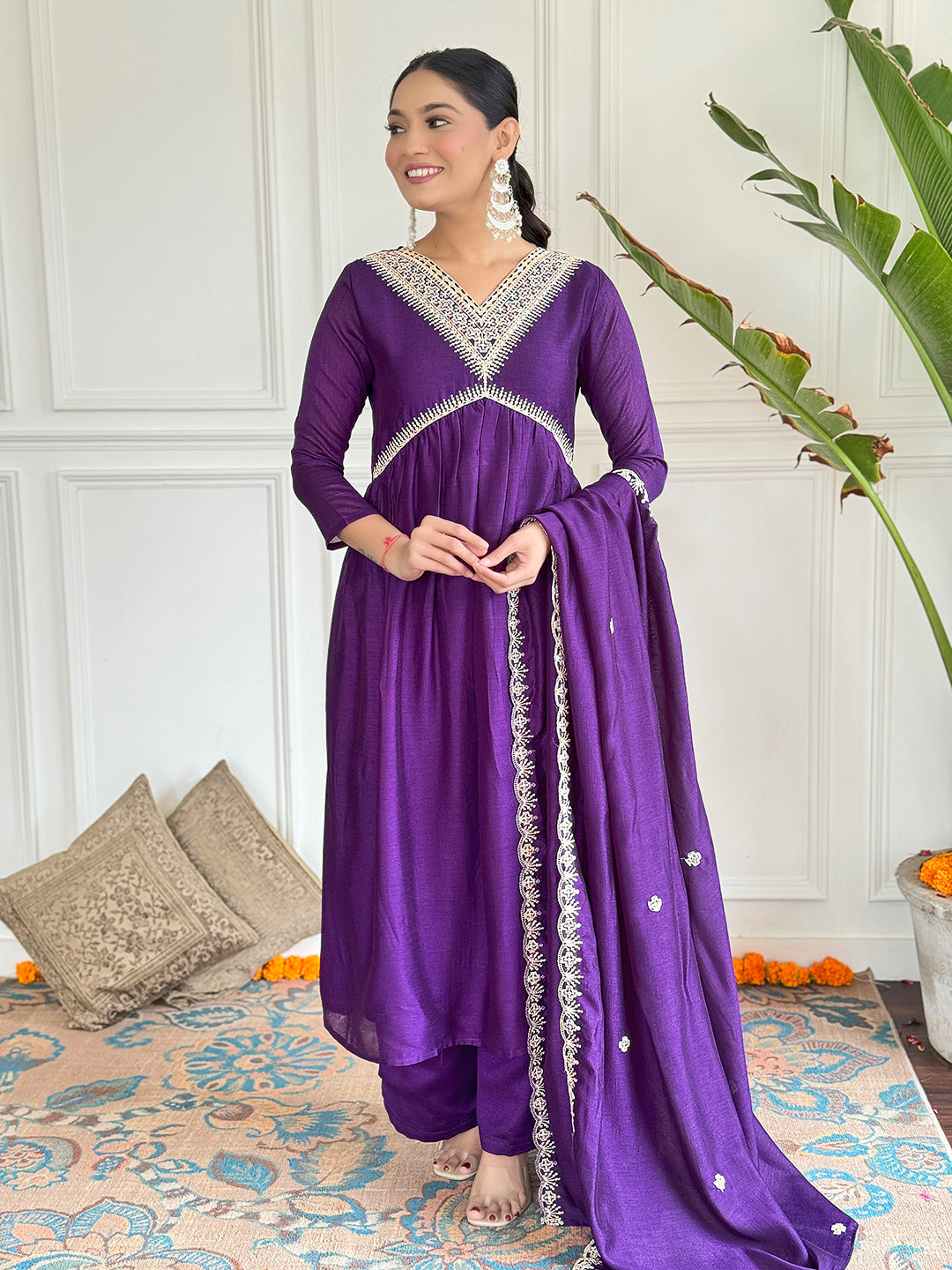 The52 Embroidered Vichitra Silk Fabric Straight Kurta, Pant and Dupatta Set - Distacart