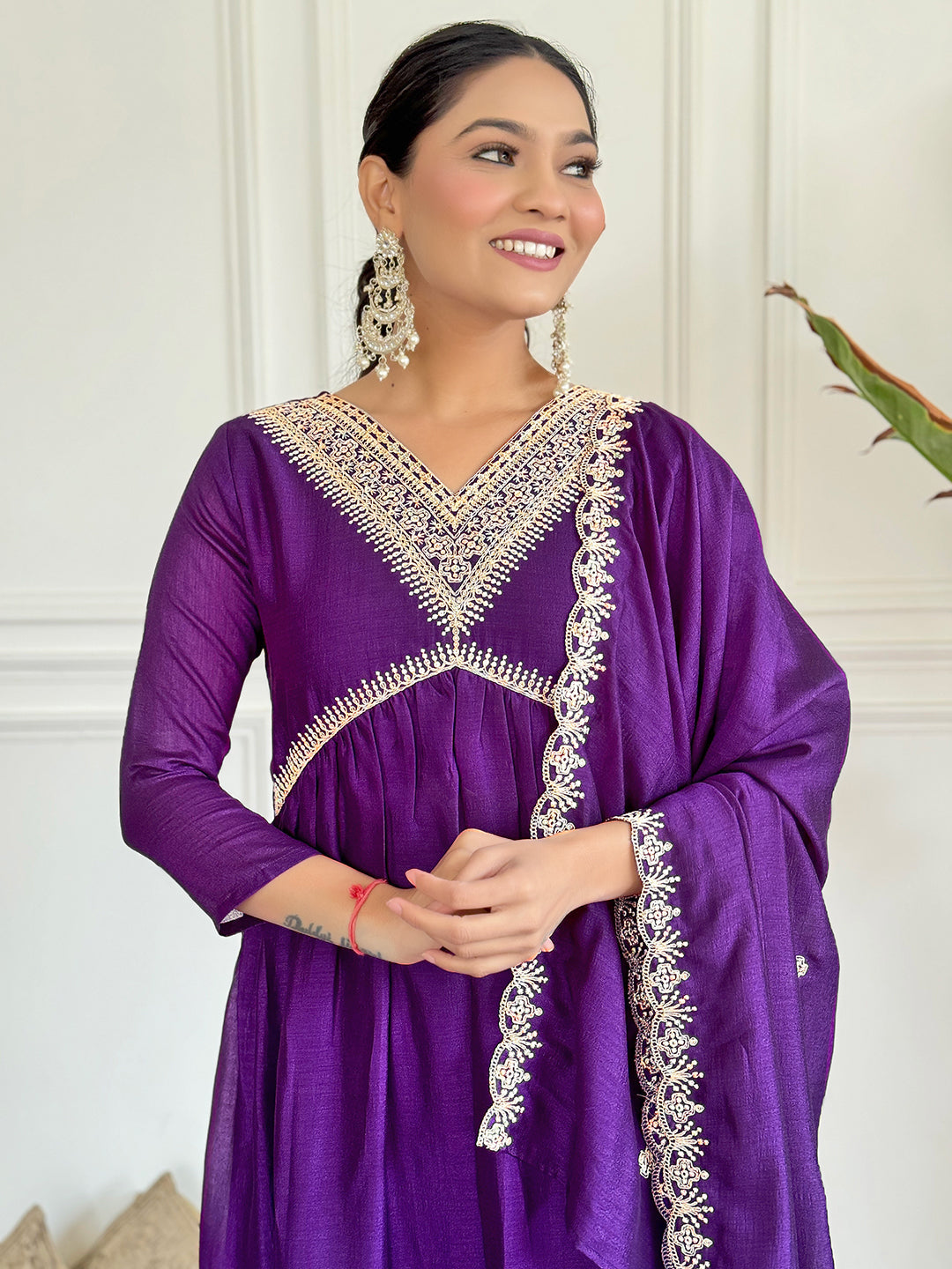 The52 Embroidered Vichitra Silk Fabric Straight Kurta, Pant and Dupatta Set - Distacart