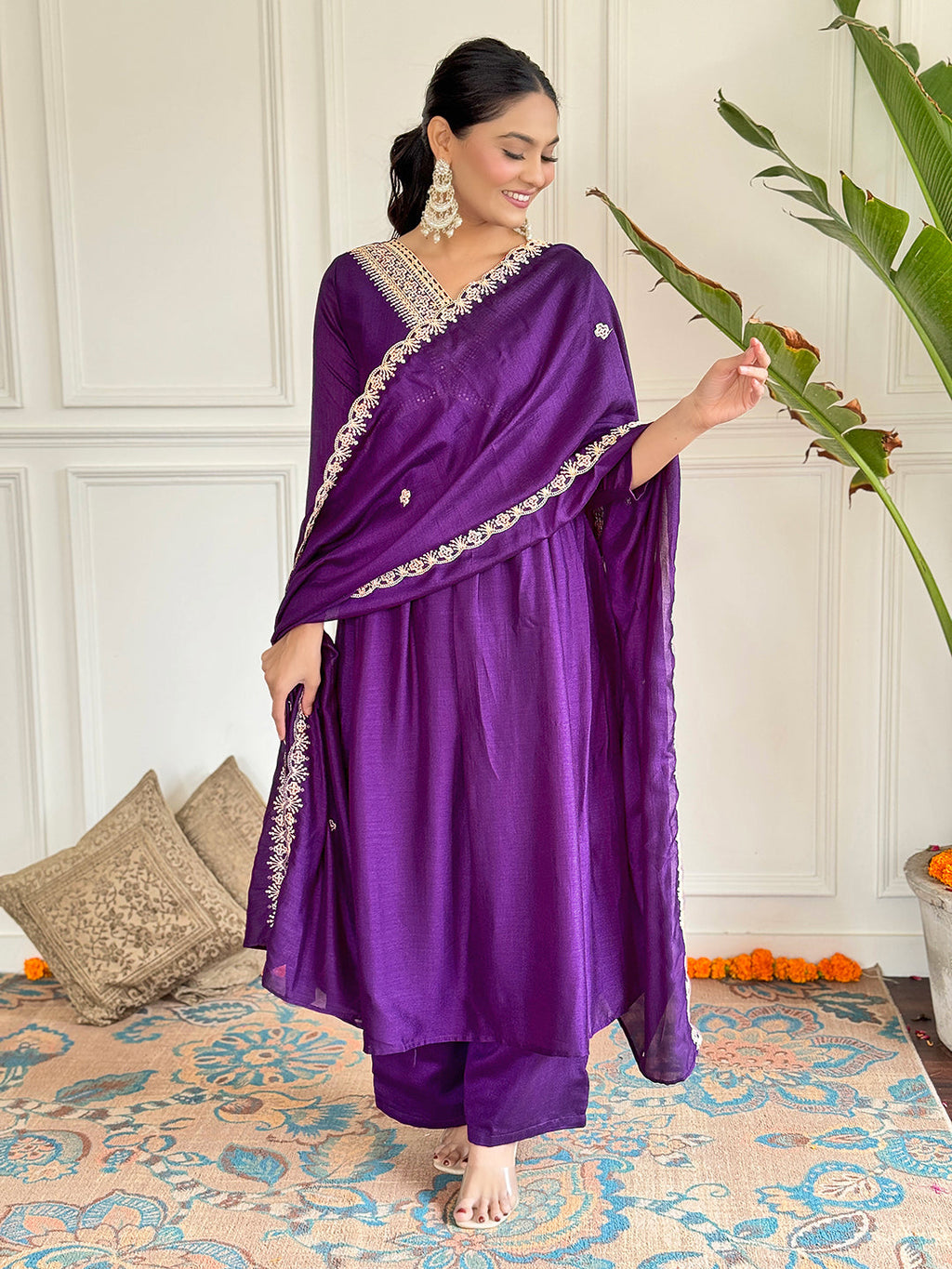 The52 Embroidered Vichitra Silk Fabric Straight Kurta, Pant and Dupatta Set - Distacart