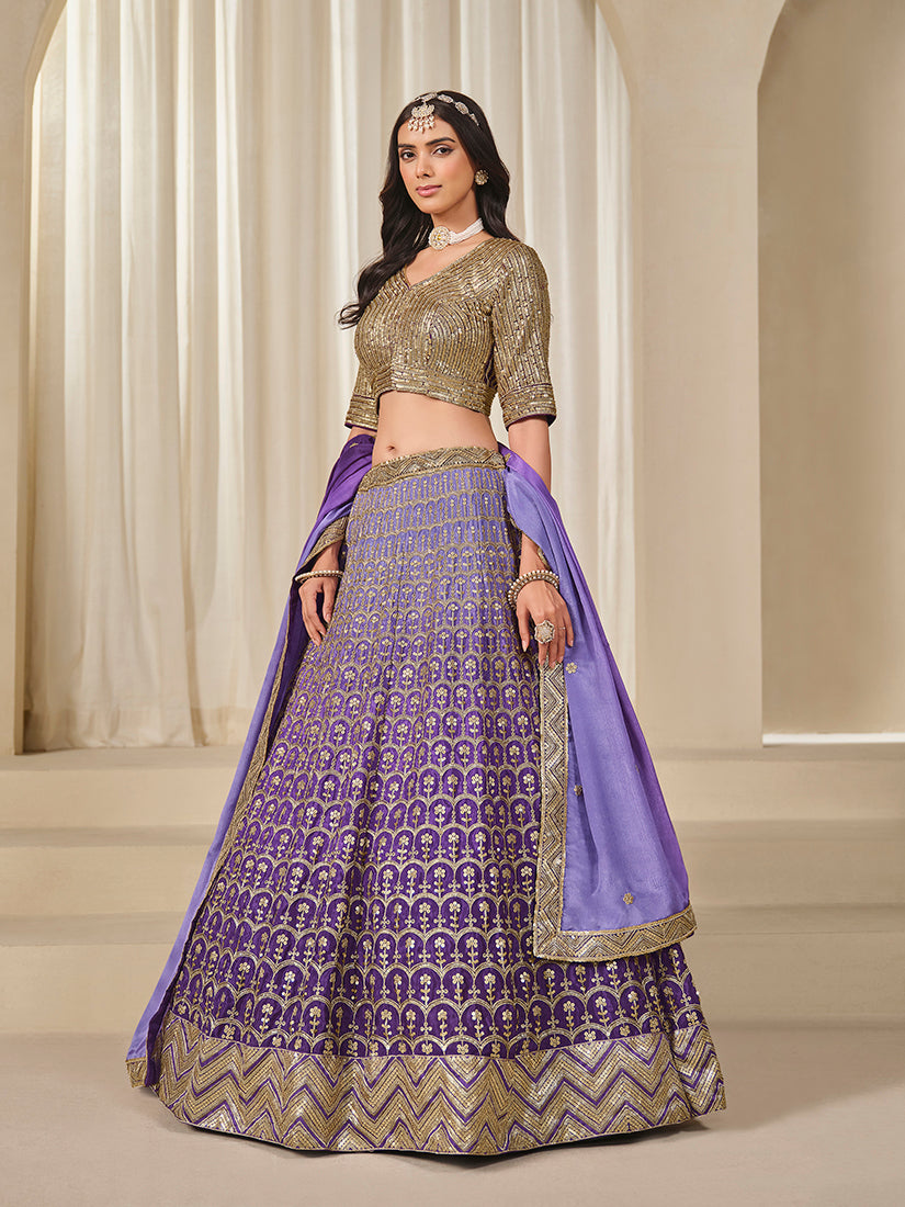 Monjolika Fashion Violet Chinon Silk With Embroidered, Sequins, Thread And Zari Work Lehenga Choli - Distacart