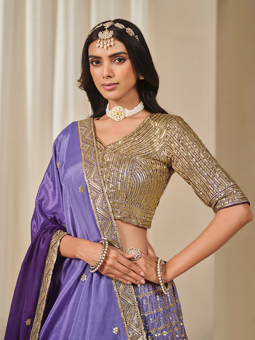 Monjolika Fashion Violet Chinon Silk With Embroidered, Sequins, Thread And Zari Work Lehenga Choli - Distacart