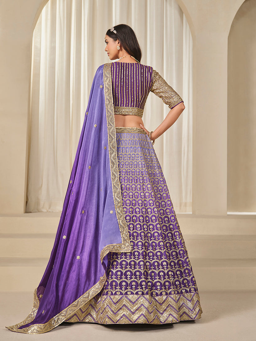 Monjolika Fashion Violet Chinon Silk With Embroidered, Sequins, Thread And Zari Work Lehenga Choli - Distacart