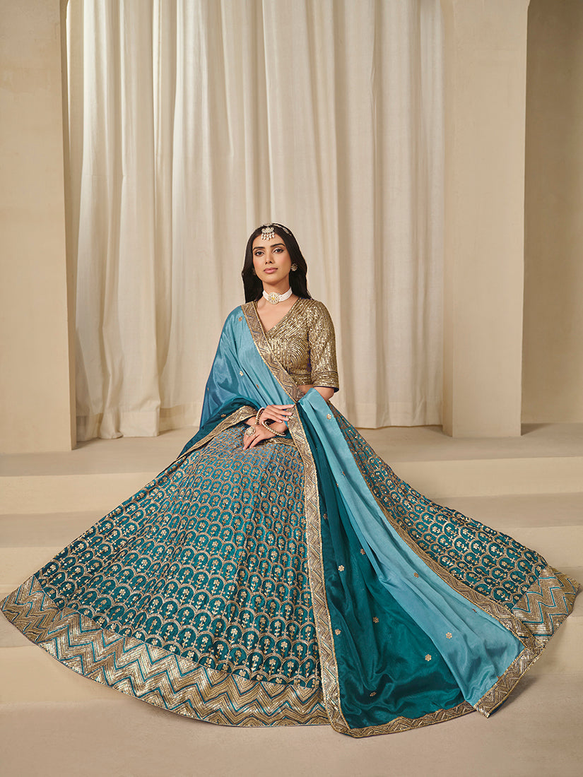 Monjolika Fashion Firozi Chinon Silk With Embroidered, Sequins, Thread And Zari Work Lehenga Choli - Distacart