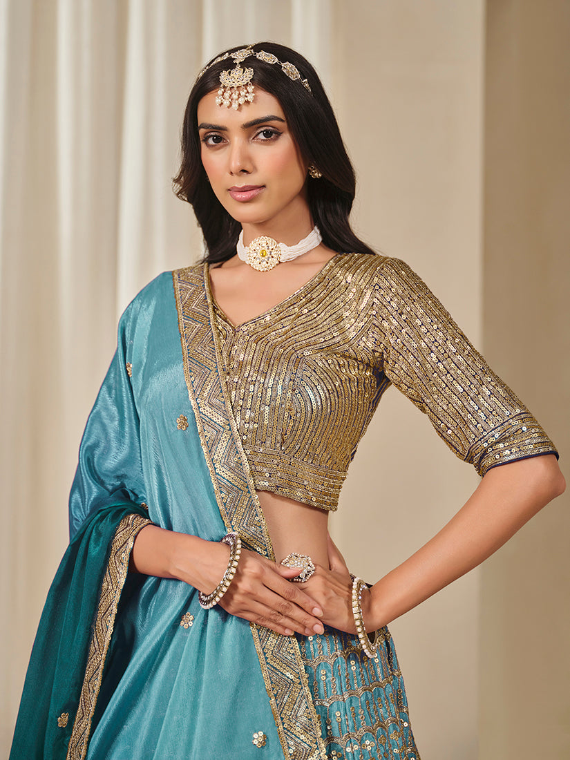 Monjolika Fashion Firozi Chinon Silk With Embroidered, Sequins, Thread And Zari Work Lehenga Choli - Distacart