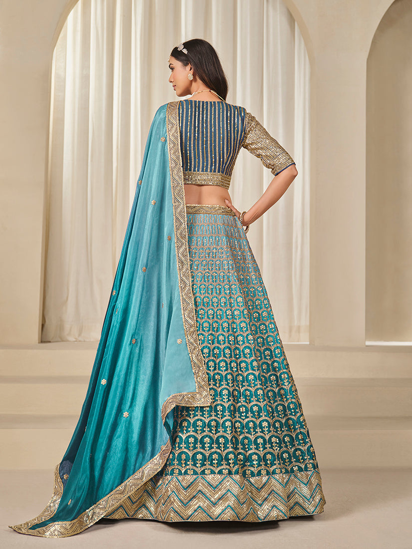Monjolika Fashion Firozi Chinon Silk With Embroidered, Sequins, Thread And Zari Work Lehenga Choli - Distacart