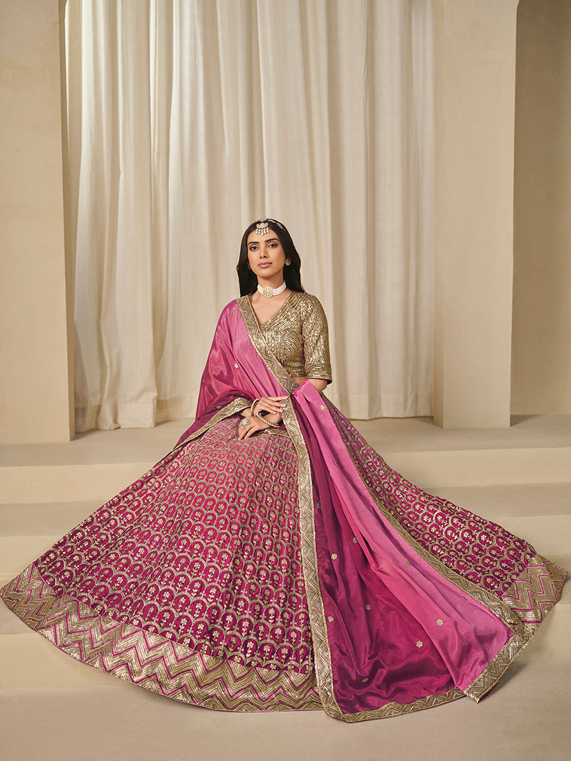 Monjolika Fashion Hot Pink Chinon Silk With Embroidered, Sequins, Thread And Zari Work Lehenga Choli - Distacart
