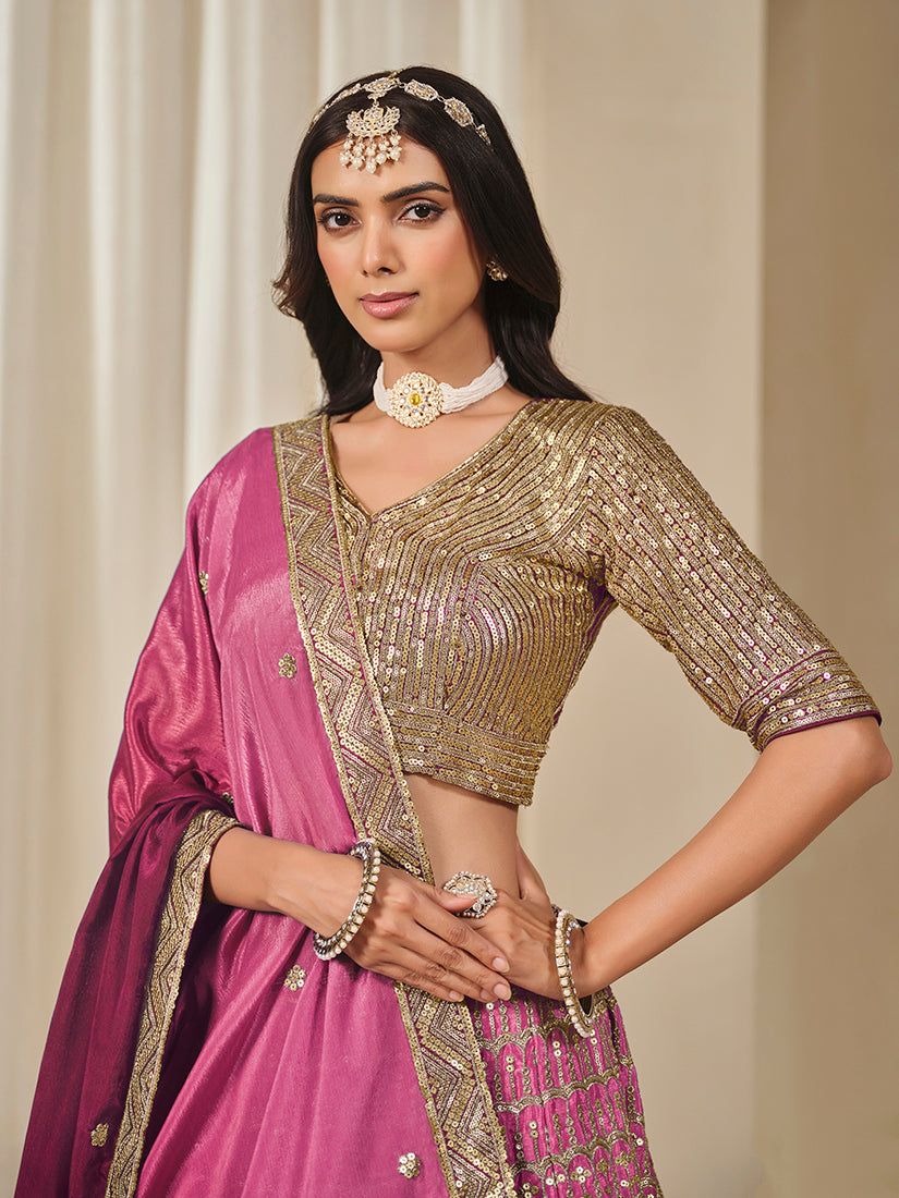 Monjolika Fashion Hot Pink Chinon Silk With Embroidered, Sequins, Thread And Zari Work Lehenga Choli - Distacart