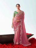 Monjolika Fashion Pink Embroidered Cut Work Fancy Fabric Ceremonial Designer Saree