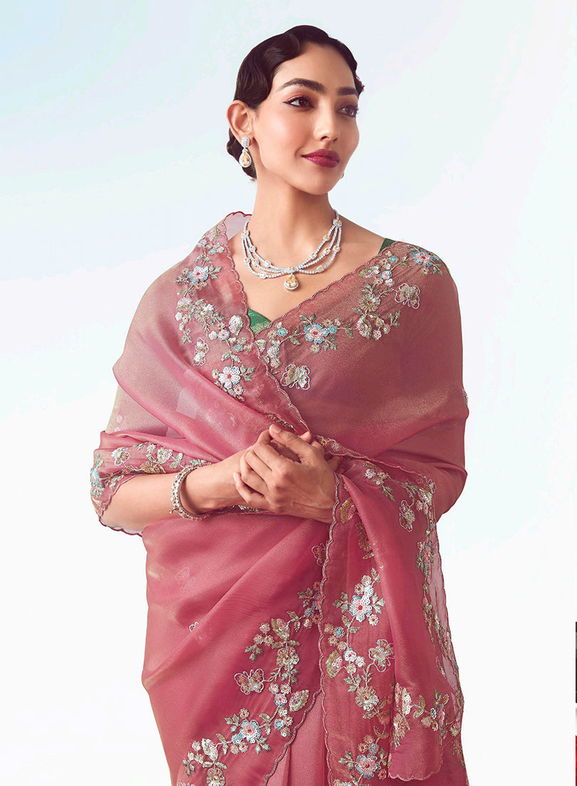 Monjolika Fashion Pink Embroidered Cut Work Fancy Fabric Ceremonial Designer Saree