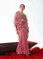 Monjolika Fashion Pink Embroidered Cut Work Fancy Fabric Ceremonial Designer Saree