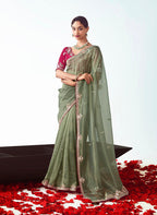 Monjolika Fashion Sage Green Embroidered Cut Work Fancy Fabric Ceremonial Designer Saree - Distacart