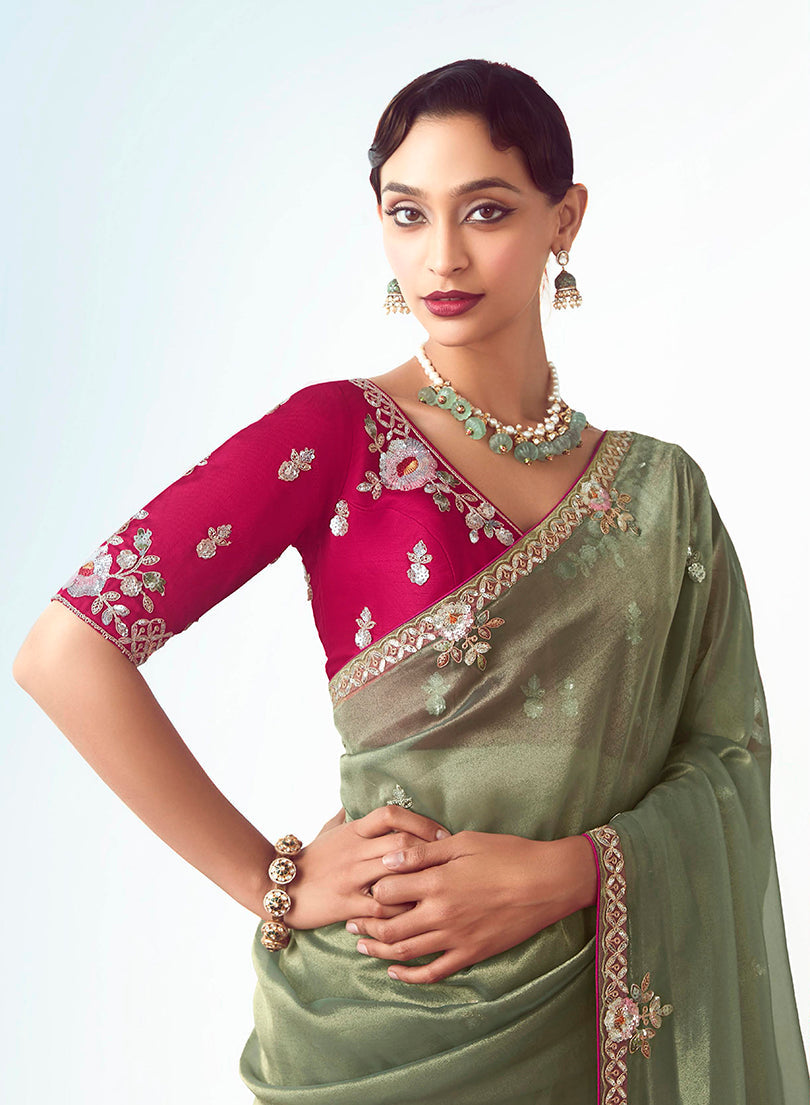 Monjolika Fashion Sage Green Embroidered Cut Work Fancy Fabric Ceremonial Designer Saree - Distacart