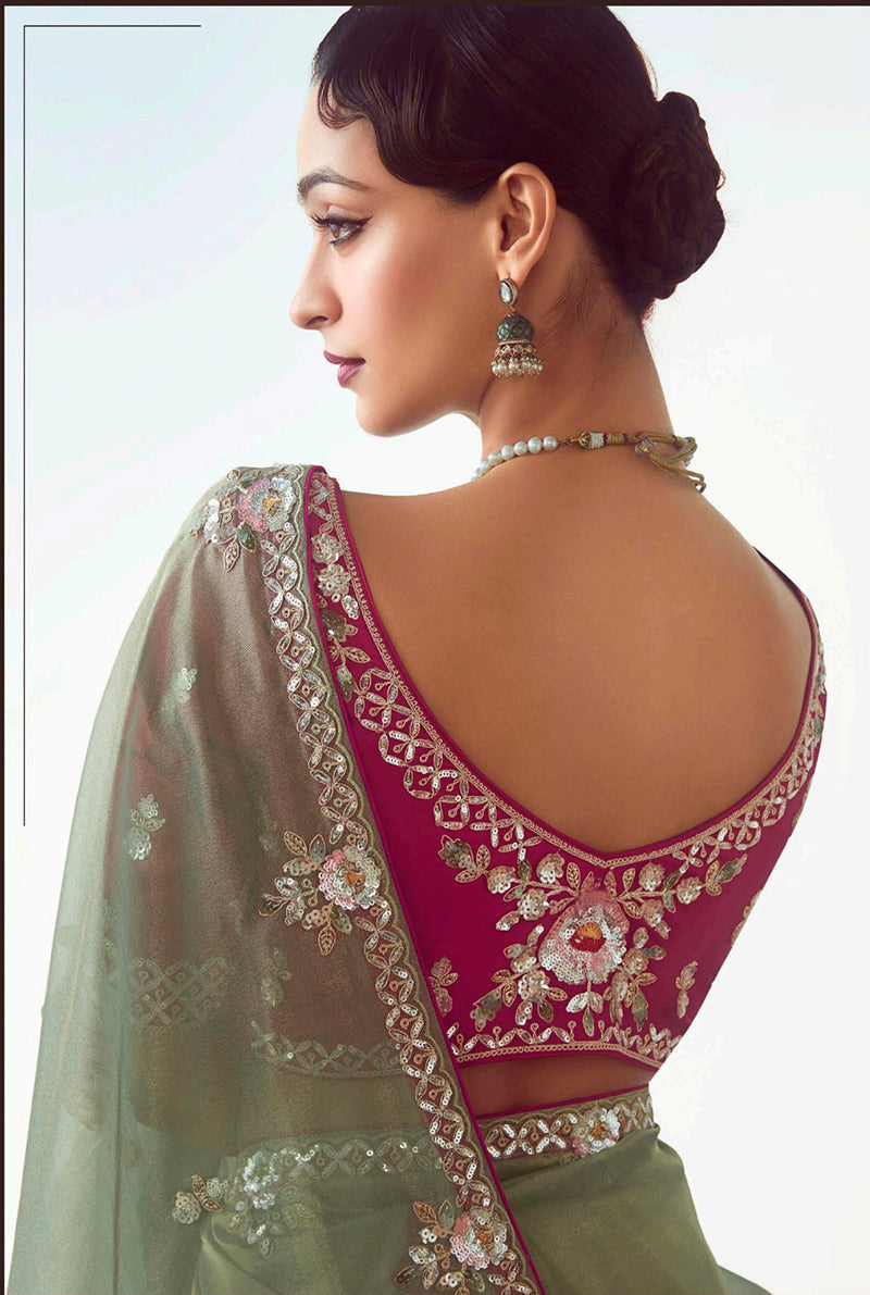 Monjolika Fashion Sage Green Embroidered Cut Work Fancy Fabric Ceremonial Designer Saree - Distacart