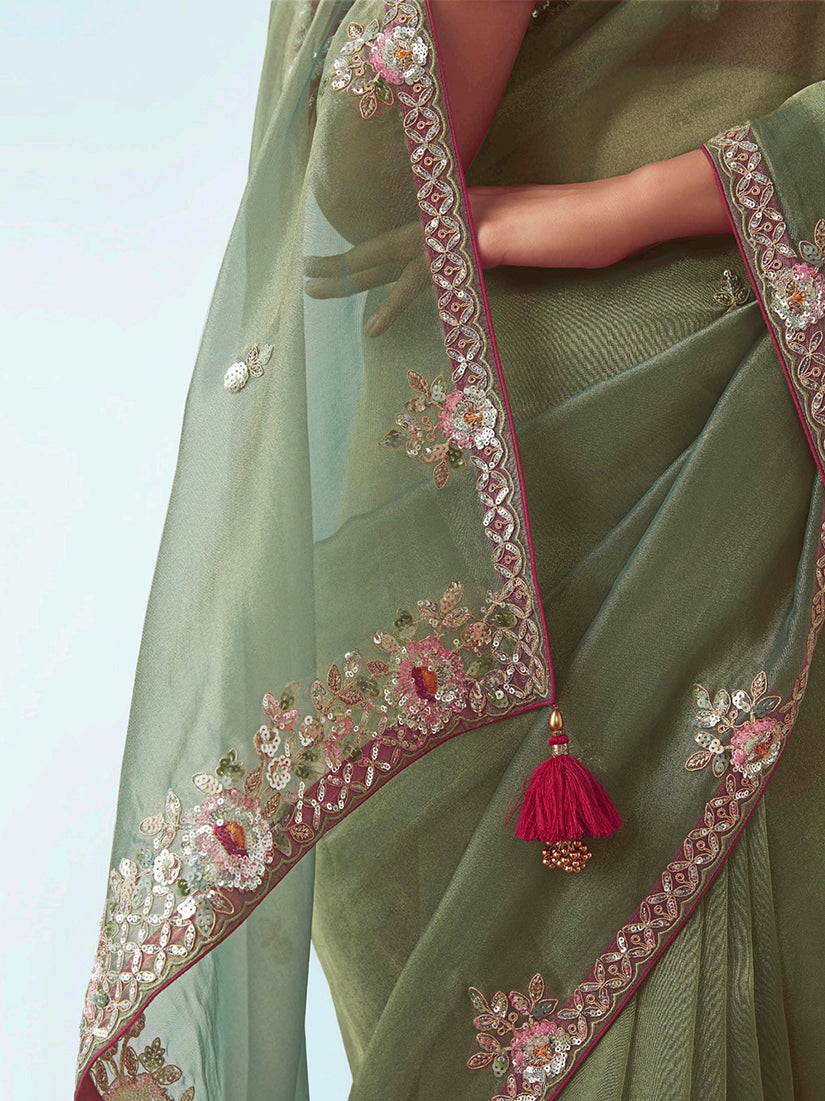 Monjolika Fashion Sage Green Embroidered Cut Work Fancy Fabric Ceremonial Designer Saree - Distacart