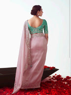 Monjolika Fashion Light Pink Embroidered Cut Work Fancy Fabric Ceremonial Designer Saree