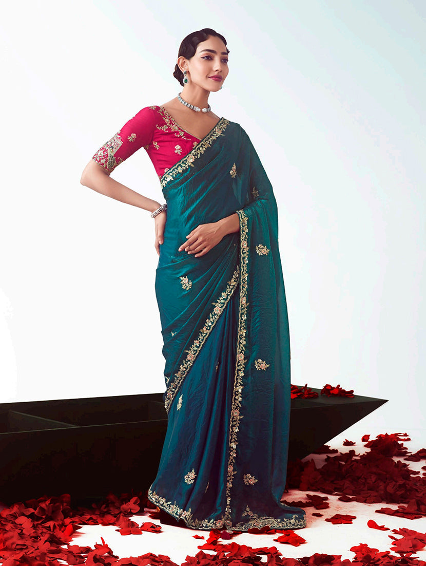 Monjolika Fashion Teal Embroidered Cut Work Fancy Fabric Ceremonial Designer Saree