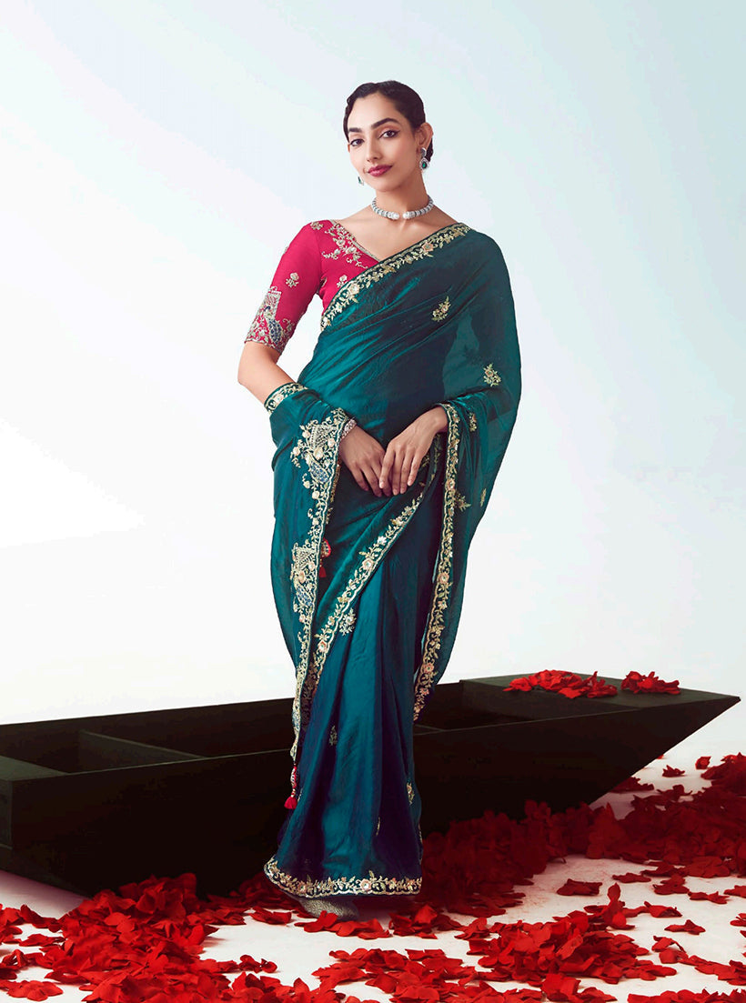 Monjolika Fashion Teal Embroidered Cut Work Fancy Fabric Ceremonial Designer Saree