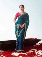 Monjolika Fashion Teal Embroidered Cut Work Fancy Fabric Ceremonial Designer Saree