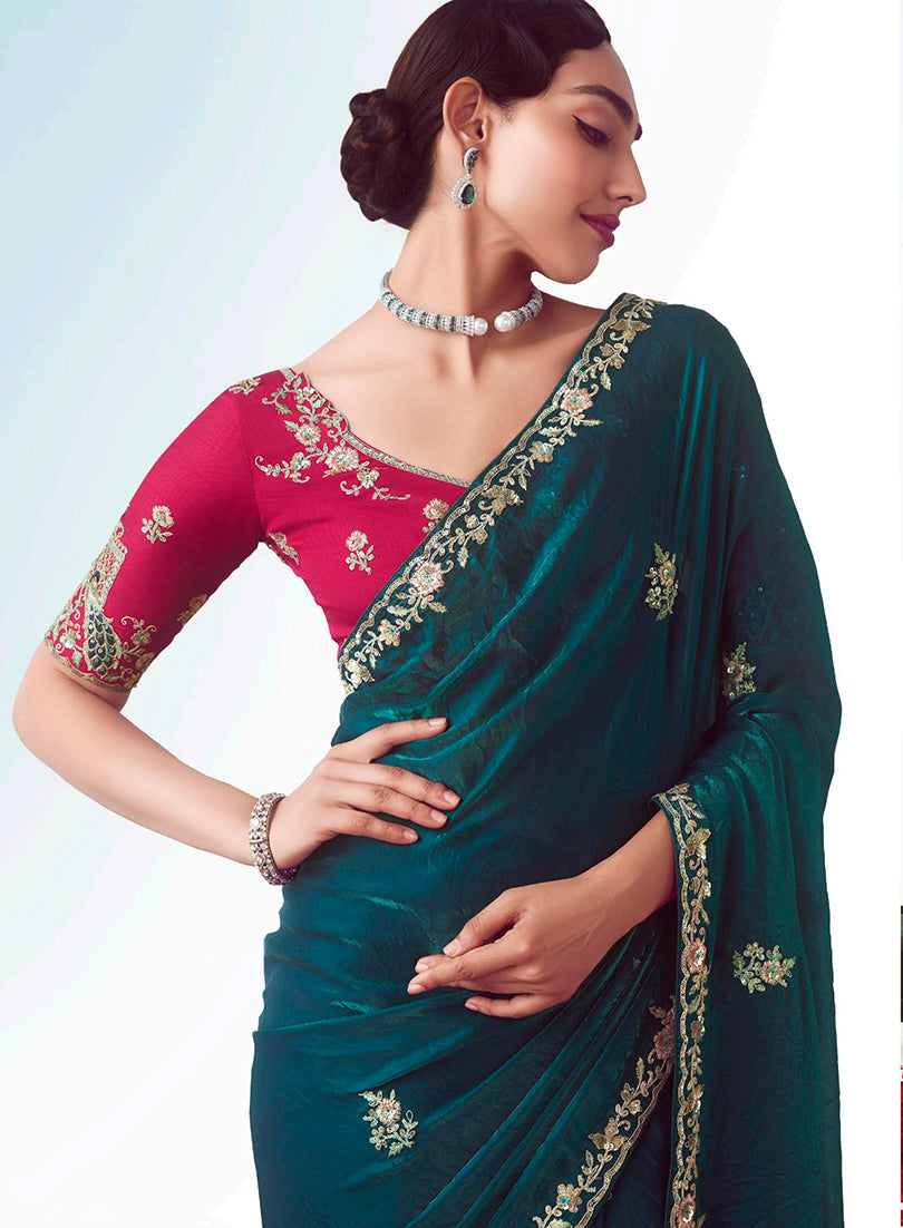 Monjolika Fashion Teal Embroidered Cut Work Fancy Fabric Ceremonial Designer Saree