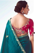 Monjolika Fashion Teal Embroidered Cut Work Fancy Fabric Ceremonial Designer Saree