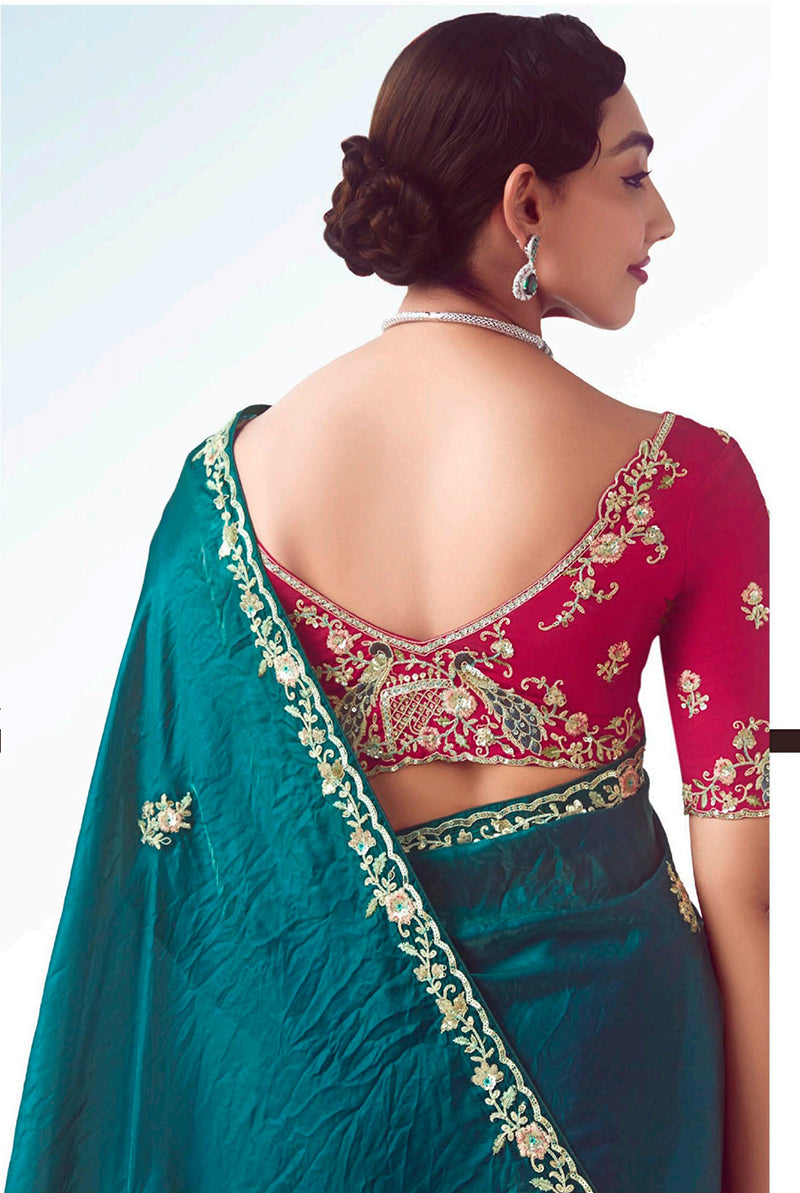 Monjolika Fashion Teal Embroidered Cut Work Fancy Fabric Ceremonial Designer Saree