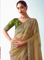 Monjolika Fashion Beige Embroidered Cut Work Fancy Fabric Ceremonial Designer Saree