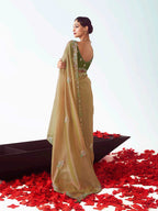 Monjolika Fashion Beige Embroidered Cut Work Fancy Fabric Ceremonial Designer Saree
