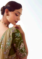 Monjolika Fashion Beige Embroidered Cut Work Fancy Fabric Ceremonial Designer Saree