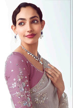 Monjolika Fashion Grey Embroidered Cut Work Fancy Fabric Ceremonial Designer Saree