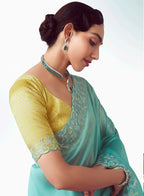 Monjolika Fashion Aqua Blue Embroidered Cut Work Fancy Fabric Ceremonial Designer Saree