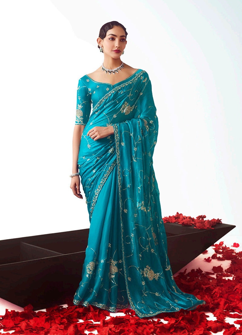 Monjolika Fashion Turquoise Blue Embroidered Cut Work Fancy Fabric Ceremonial Designer Saree