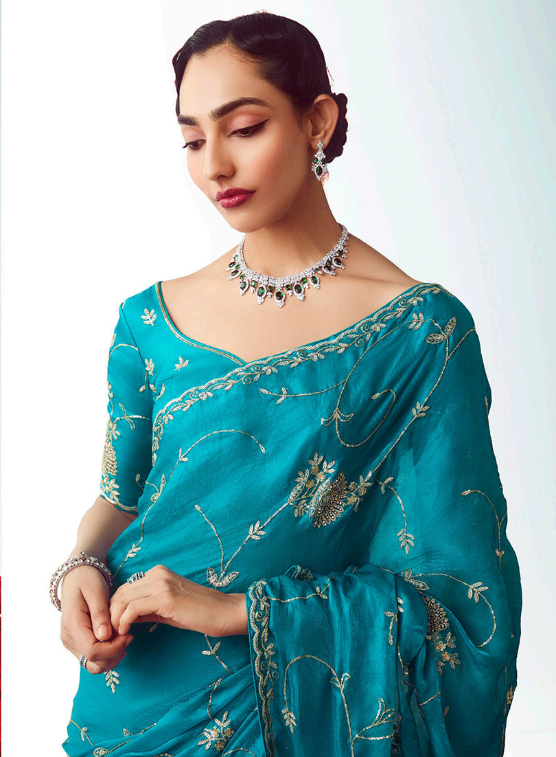 Monjolika Fashion Turquoise Blue Embroidered Cut Work Fancy Fabric Ceremonial Designer Saree