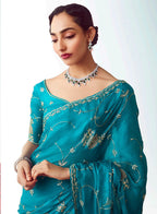 Monjolika Fashion Turquoise Blue Embroidered Cut Work Fancy Fabric Ceremonial Designer Saree