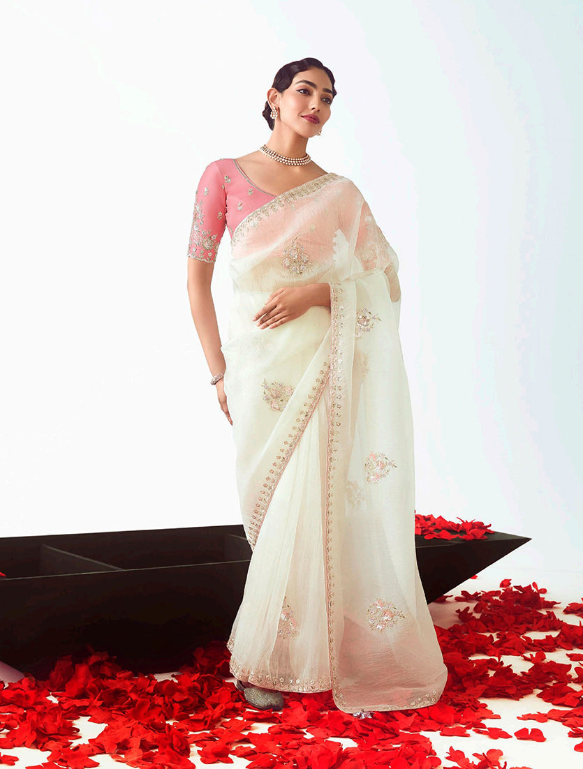 Monjolika Fashion White Embroidered Cut Work Fancy Fabric Ceremonial Designer Saree