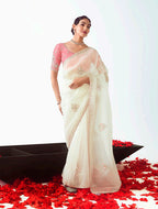 Monjolika Fashion White Embroidered Cut Work Fancy Fabric Ceremonial Designer Saree