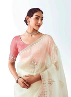 Monjolika Fashion White Embroidered Cut Work Fancy Fabric Ceremonial Designer Saree