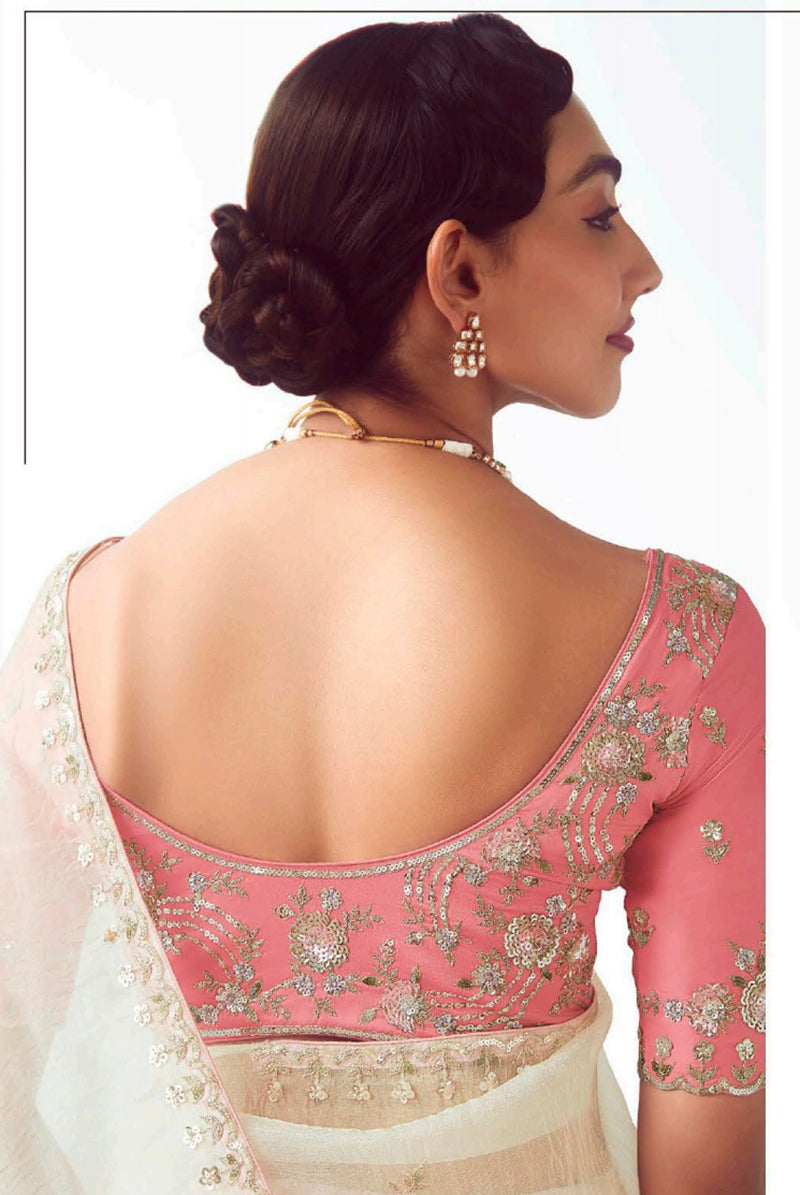 Monjolika Fashion White Embroidered Cut Work Fancy Fabric Ceremonial Designer Saree