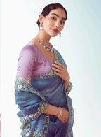 Monjolika Fashion Light Indigo Embroidered Cut Work Fancy Fabric Ceremonial Designer Saree