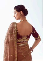 Monjolika Fashion Brown Embroidered Cut Work Fancy Fabric Ceremonial Designer Saree
