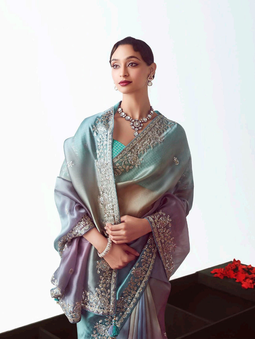 Monjolika Fashion Multi Color Embroidered Cut Work Fancy Fabric Ceremonial Designer Saree