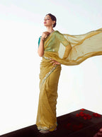 Monjolika Fashion Olive Embroidered Cut Work Fancy Fabric Ceremonial Designer Saree