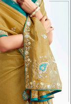 Monjolika Fashion Olive Embroidered Cut Work Fancy Fabric Ceremonial Designer Saree