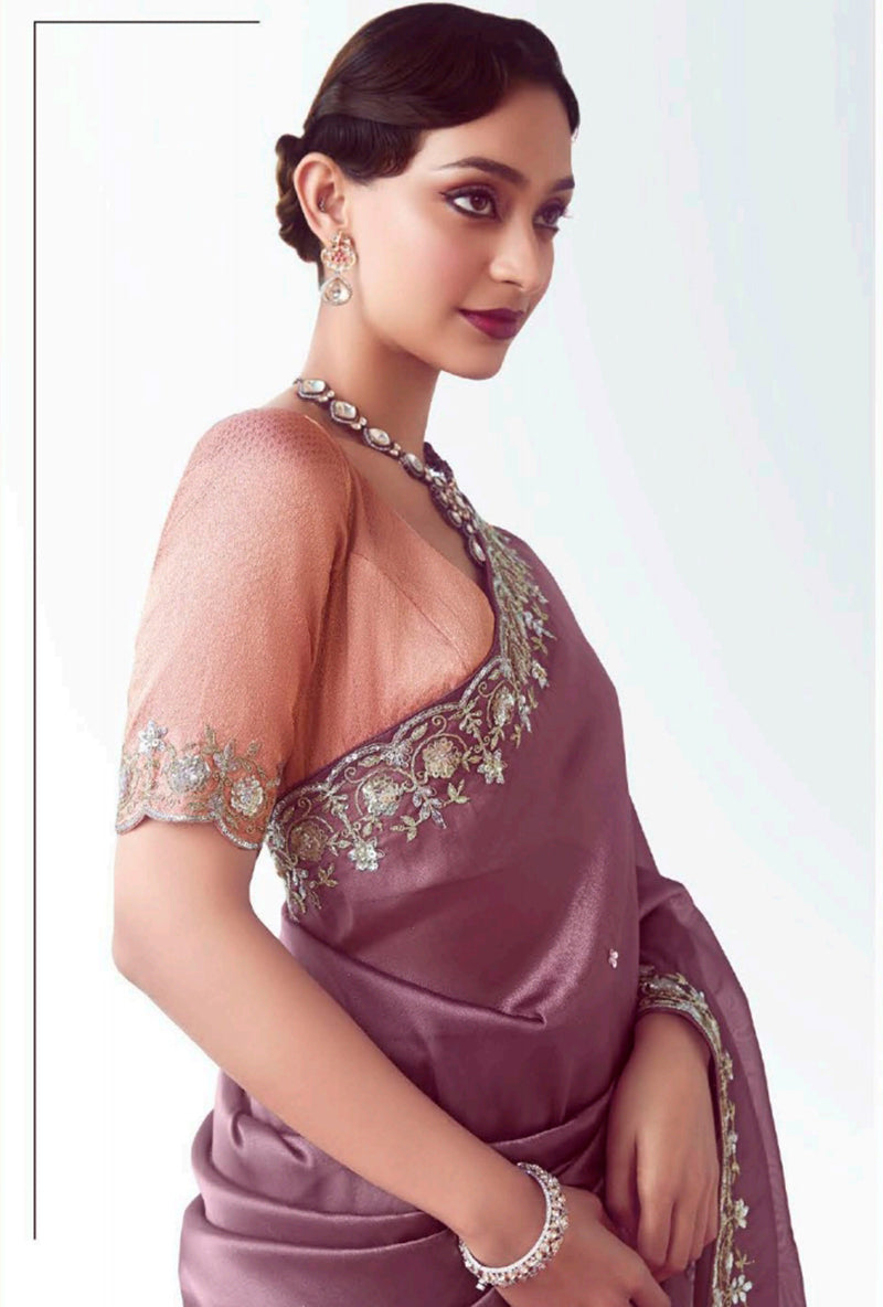 Monjolika Fashion Onion Pink Embroidered Cut Work Fancy Fabric Ceremonial Designer Saree