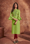 Monjolika Fashion Cotton Embroidered Green Party Wear Kurti - Distacart