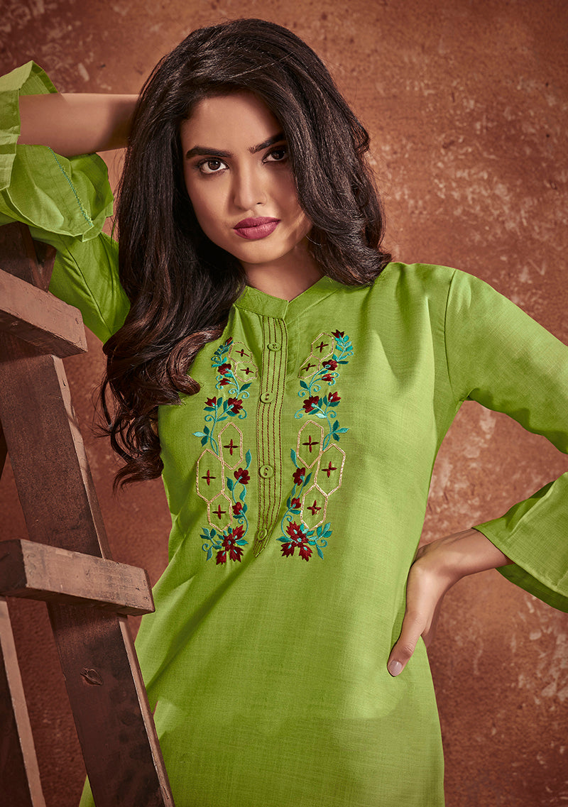Monjolika Fashion Cotton Embroidered Green Party Wear Kurti - Distacart