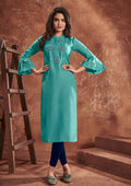 Monjolika Fashion Cotton Embroidered Aqua Blue Party Wear Kurti - Distacart