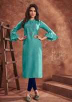 Monjolika Fashion Cotton Embroidered Aqua Blue Party Wear Kurti - Distacart