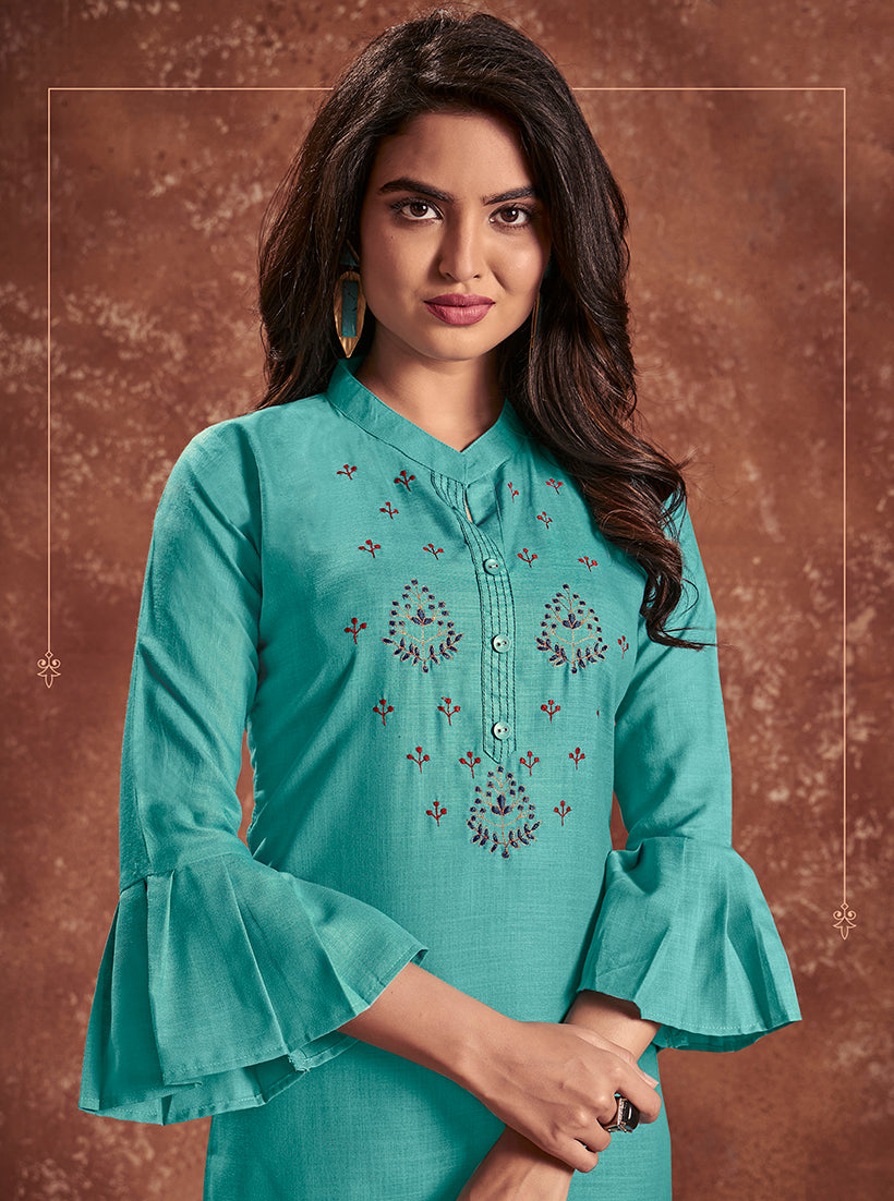 Monjolika Fashion Cotton Embroidered Aqua Blue Party Wear Kurti - Distacart