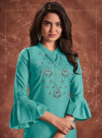 Monjolika Fashion Cotton Embroidered Aqua Blue Party Wear Kurti - Distacart