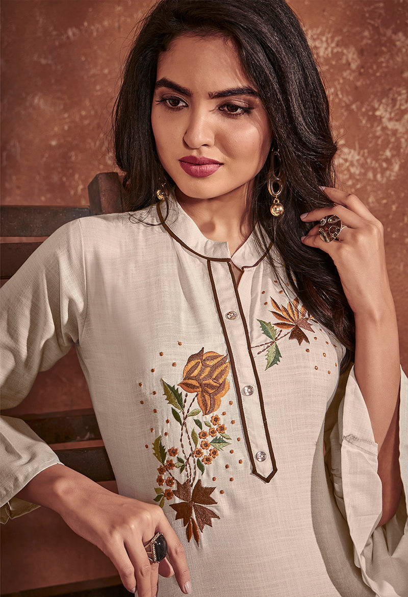 Monjolika Fashion Cotton Embroidered Off White Party Wear Kurti - Distacart